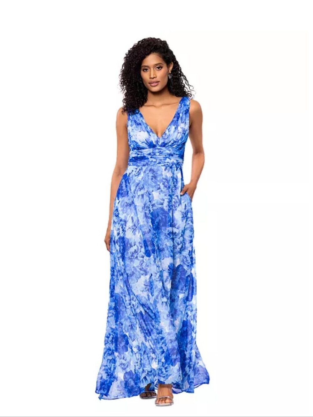 NWT Betsy & Adam Blue Floral Chiffon V Neck Pleated Maxi Gown Dress 6 $259